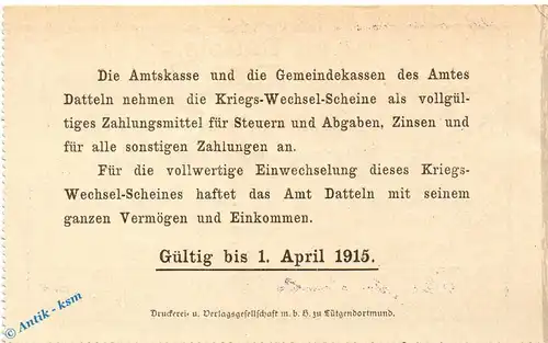 Notgeld Amt Datteln , 3 Mark Schein in kfr. Dießner 74.4.c , 13.08.1914 , Westfalen Notgeld 1914 1915