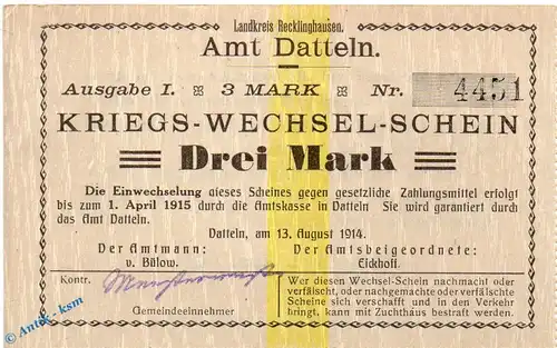 Notgeld Amt Datteln , 3 Mark Schein in kfr. Dießner 74.4.c , 13.08.1914 , Westfalen Notgeld 1914 1915