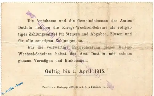 Notgeld Amt Datteln , 3 Mark Schein in gbr. Dießner 74.4.a , 13.08.1914 , Westfalen Notgeld 1914 1915