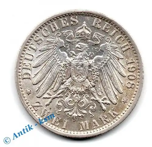 Kursmünze deutsches Reich , 2 Mark Preussen Silbermünze von 1908 A , ss-vz , Jäger 102 , deutsches Kaiserreich