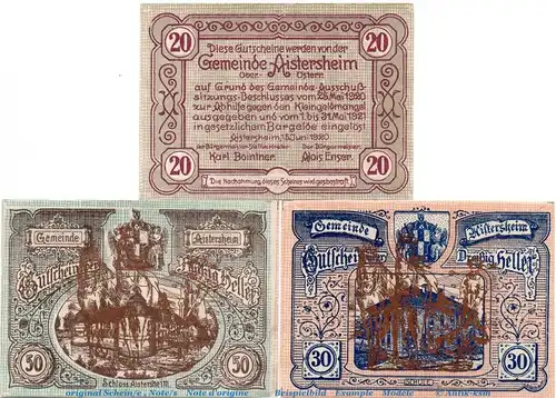 Notgeld Gemeinde Aistersheim , S.15.II Pflüger Kupfer , Set mit 3 Scheinen in kfr. 1921 , Oberösterreich