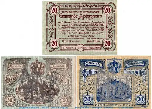 Notgeld Gemeinde Aistersheim , S.15.II Pflüger Silber , Set mit 3 Scheinen in kfr. von 1920 , Oberösterreich