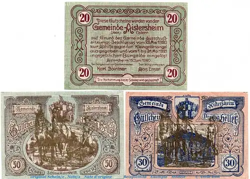 Notgeld Gemeinde Aistersheim , S.15.II Pflüger Gold , Set mit 3 Scheinen in kfr. von 1920 , Oberösterreich