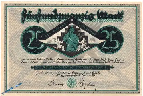 Notgeld Dortmund , 25 Mark Schein in kfr. Reinoldus , Müller 1065.9 , 10.10.1922 , Westfalen Großnotgeld