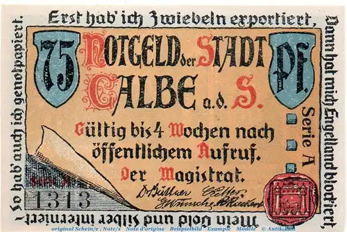 Notgeld Stadt Calbe 213.2 , 75 Pfennig roter Stempel in kfr. o.D. Sachsen Anhalt Seriennotgeld