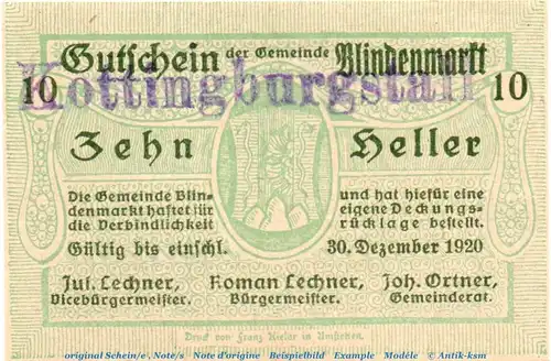 Notgeld der Gemeinde Blindenmarkt 93.I.s , 10 Heller -Kottingburgstall- in kfr. von 1920 Notgeld Niederösterreich