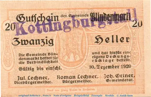 Notgeld der Gemeinde Blindenmarkt 93.I.s , 20 Heller -Kottingburgstall- in kfr. von 1920 Notgeld Niederösterreich