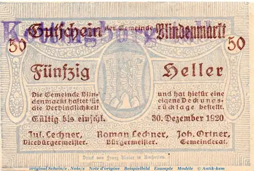 Notgeld der Gemeinde Blindenmarkt 93.I.s , 50 Heller -Kottingburgstall- in kfr. von 1920 Notgeld Niederösterreich