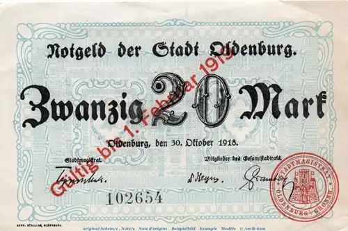 Banknote Stadt Oldenburg , 20 Mark Schein in kfr. Geiger 399.02 , von 1918 , Niedersachsen Großnotgeld