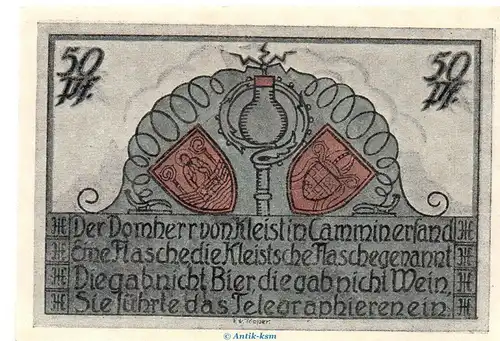 Notgeld Stadt Cammin 218.1 , 50 Pfennig Schein in kfr. von 1922 , Pommern Seriennotgeld