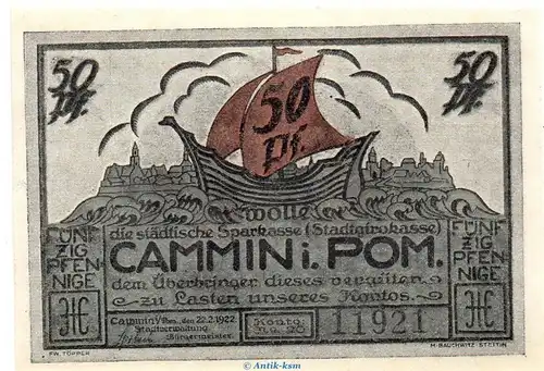 Notgeld Stadt Cammin 218.1 , 50 Pfennig Schein in kfr. von 1922 , Pommern Seriennotgeld