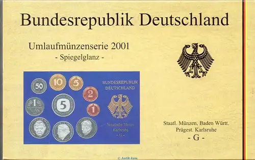 Kursmünzen Satz Deutschland , KMS von 2001 G , Spiegelglanz PP , Jäger 180 , Bundesrepublik Deutschland