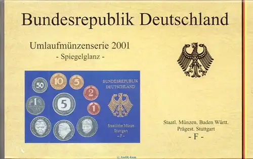 Kursmünzen Satz Deutschland , KMS von 2001 F , Spiegelglanz PP , Jäger 180 , Bundesrepublik Deutschland