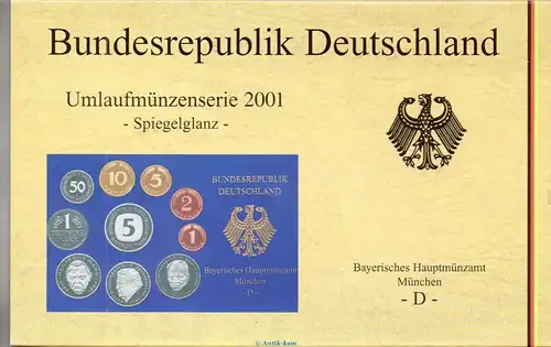 Kursmünzen Satz Deutschland , KMS von 2001 D , Spiegelglanz PP , Jäger 180 , Bundesrepublik Deutschland