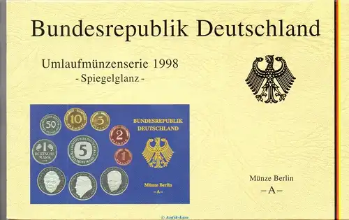 Kursmünzen Satz Deutschland , KMS von 1998 A , Spiegelglanz PP , Jäger 180 , Bundesrepublik Deutschland