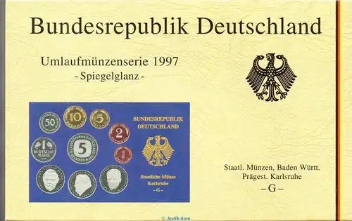 Kursmünzen Satz Deutschland , KMS von 1997 G , Spiegelglanz PP , Jäger 180 , Bundesrepublik Deutschland
