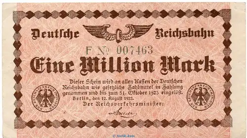 Banknote Reichsbahn , 1 Millionen Mark Schein in gbr. RVM-1.a , S.1011 , von 1923 , deutsche Reichsbahn - Inflation