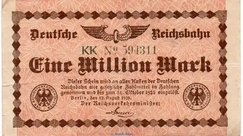 Banknote Reichsbahn , 1 Millionen Mark Schein in gbr. RVM-1.b , S.1011 , von 1923 , deutsche Reichsbahn - Inflation