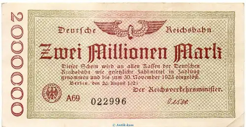 Banknote Reichsbahn , 2 Millionen Mark Schein in gbr. RVM-2 , S.1012 , von 1923 , deutsche Reichsbahn - Inflation