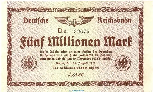 Banknote Reichsbahn , 5 Millionen Mark Schein in f-kfr. RVM-3.b , S.1013 , von 1923 , deutsche Reichsbahn - Inflation