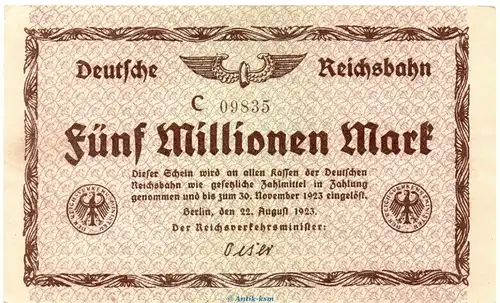 Banknote Reichsbahn , 5 Millionen Mark Schein in gbr. RVM-3.a-b , S.1013 , von 1923 , deutsche Reichsbahn - Inflation