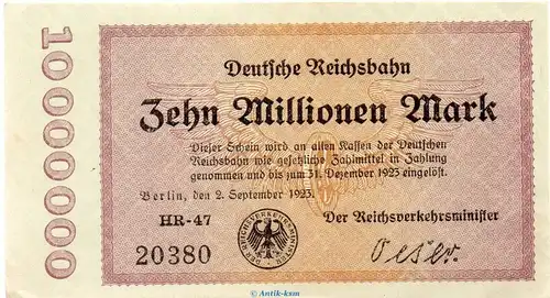 Banknote Reichsbahn , 10 Millionen Mark Schein in gbr. RVM-4 , S.1014 , von 1923 , deutsche Reichsbahn - Inflation