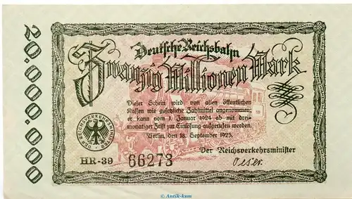 Banknote Reichsbahn , 20 Millionen Mark Schein in kfr. RVM-5 , S.1015 , von 1923 , deutsche Reichsbahn - Inflation