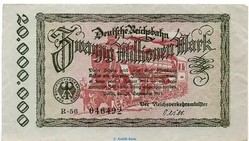 Banknote Reichsbahn , 20 Millionen Fehldruck in gbr. RVM-5.F , S.1015 , von 1923 , deutsche Reichsbahn - Inflation