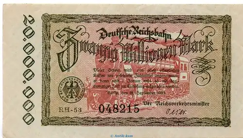 Banknote Reichsbahn , 20 Millionen Mark Schein in gbr. RVM-5 , S.1015 , von 1923 , deutsche Reichsbahn - Inflation