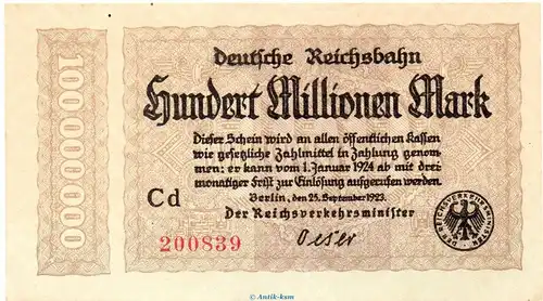 Banknote Reichsbahn , 100 Millionen Mark Schein in kfr. RVM-7 , S.1017 , von 1923 , deutsche Reichsbahn - Inflation
