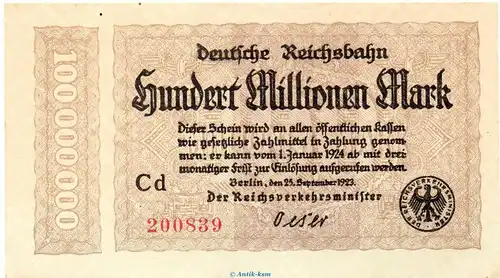 Banknote Reichsbahn , 100 Millionen Mark Schein in kfr. RVM-7.d , S.1017 , von 1923 , deutsche Reichsbahn - Inflation