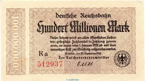Banknote Reichsbahn , 100 Millionen Mark Schein in kfr. RVM-7.f , S.1017 , von 1923 , deutsche Reichsbahn - Inflation
