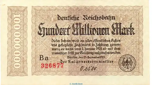 Banknote Reichsbahn , 100 Millionen Mark 4,5 mm in kfr. RVM-7.f , S.1017 , von 1923 , deutsche Reichsbahn - Inflation