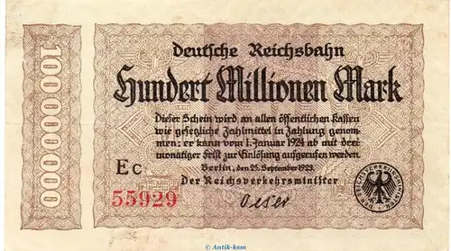 Banknote Reichsbahn , 100 Millionen Mark Ec in L-gbr. RVM-7.e , S.1017 , von 1923 , deutsche Reichsbahn - Inflation