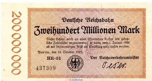 Banknote Reichsbahn , 200 Millionen Mark Schein in gbr. RVM-8 , S.1018 , von 1923 , deutsche Reichsbahn - Inflation