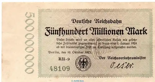Banknote Reichsbahn , 500 Millionen Mark Schein in gbr. RVM-9 , S.1019 , von 1923 , deutsche Reichsbahn - Inflation