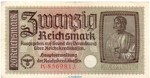 Banknote , 20 Reichsmark Schein in gbr. ZWK-5.a, Ros.554, P.139 , o.D. Drittes Reich - Reichskreditkasse