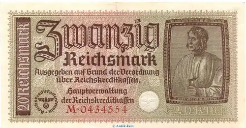 Banknote , 20 Reichsmark Schein in L-gbr. ZWK-5.a, Ros.554, P.139 , o.D. Drittes Reich - Reichskreditkasse