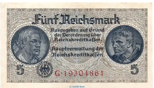 Reichsbanknote , 5 Mark Schein in gbr. ZWK-4.b, Ros.553, P.138 o.D. drittes Reich - Reichskreditkassen
