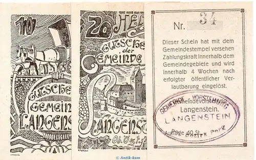 Notgeld der Gemeinde Langenstein S.502.IV.B.i schwarz , Set mit 3 Scheinen in kfr. o.D. Notgeld Oberösterreich