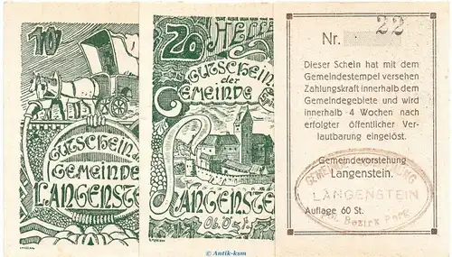 Notgeld der Gemeinde Langenstein S.502.IV.B.f grün , Set mit 3 Scheinen in kfr. o.D. Notgeld Oberösterreich