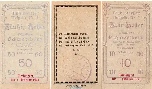 Notgeld der Gemeinde Schwertberg S.984.II.t.o silber , Set mit 3 Scheinen in kfr. o.D. Notgeld Oberösterreich