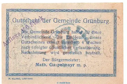 Notgeld der Gemeinde Grünburg S.303.IV.g Schluss-Aufl. 5 Heller Schein in kfr. o.D. Notgeld Oberösterreich