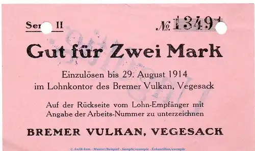 Notgeld Bremer Vulkan Vegesack , 2 Mark Schein in kfr.E , Dießner 412.4 o.D. Bremen Notgeld 1914-15