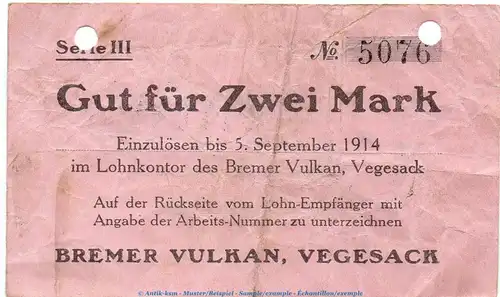 Notgeld Bremer Vulkan Vegesack , 2 Mark Schein in gbr.E , Dießner 412.6 o.D. Bremen Notgeld 1914-15