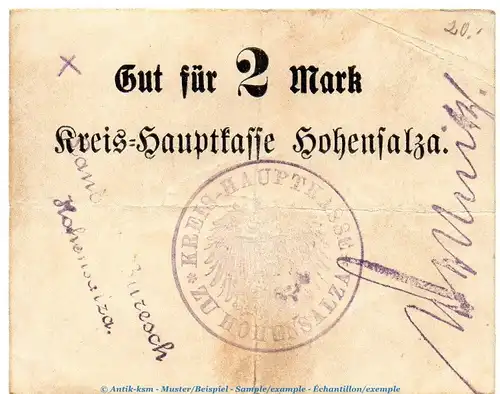 Notgeld Kreis Hauptkasse Hohensalza , 2 Mark Schein in gbr. Dießner 155.5 o.D. Posen Notgeld 1914-15