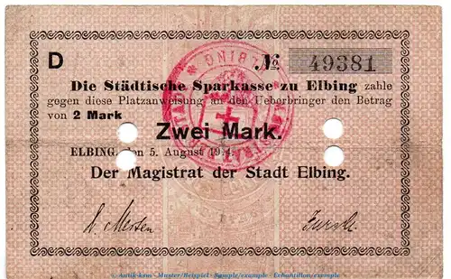 Notgeld Magistrat Elbing , 2 Mark Schein in gbr.E Dießner 91.2.b von 1914 , Westpreussen Notgeld 1914-15