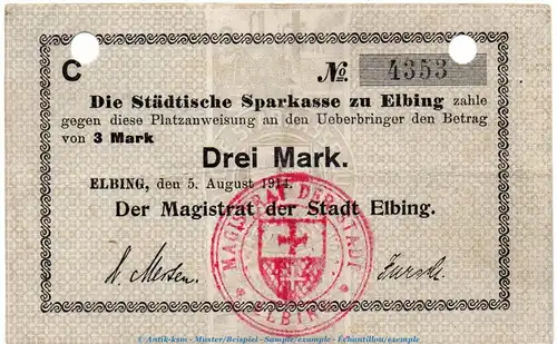 Notgeld Magistrat Elbing , 3 Mark Schein in gbr.E Dießner 91.3.d von 1914 , Westpreussen Notgeld 1914-15