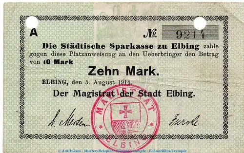 Notgeld Magistrat Elbing , 10 Mark Schein in gbr.E Dießner 91.5.a von 1914 , Westpreussen Notgeld 1914-15