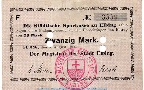 Notgeld Magistrat Elbing , 20 Mark Schein in gbr.E Dießner 91.6.a von 1914 , Westpreussen Notgeld 1914-15